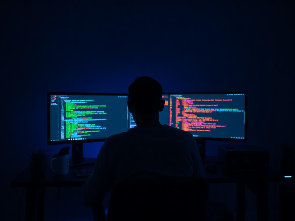Developer workspace with dual monitors of code